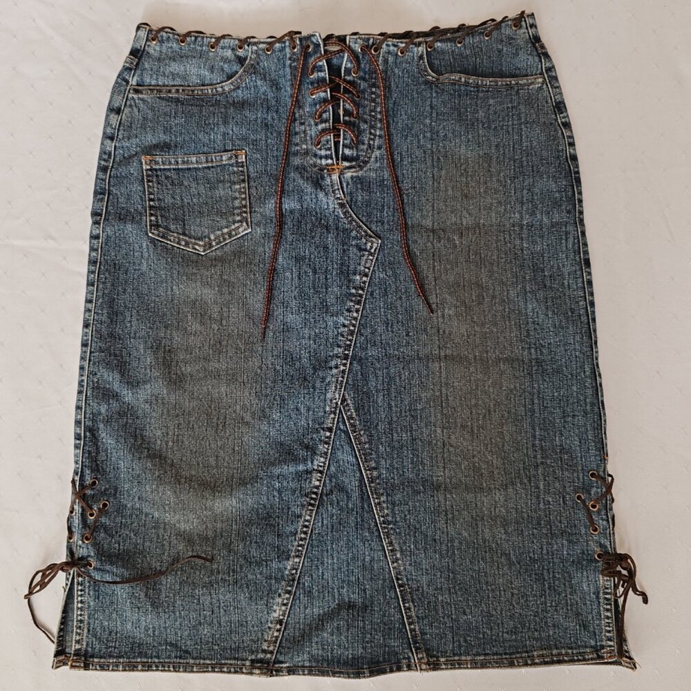 Vintage Buffalo David Bitton Lace-Up Denim Midi Skirt - Size 9 Y2K Jean Skirt